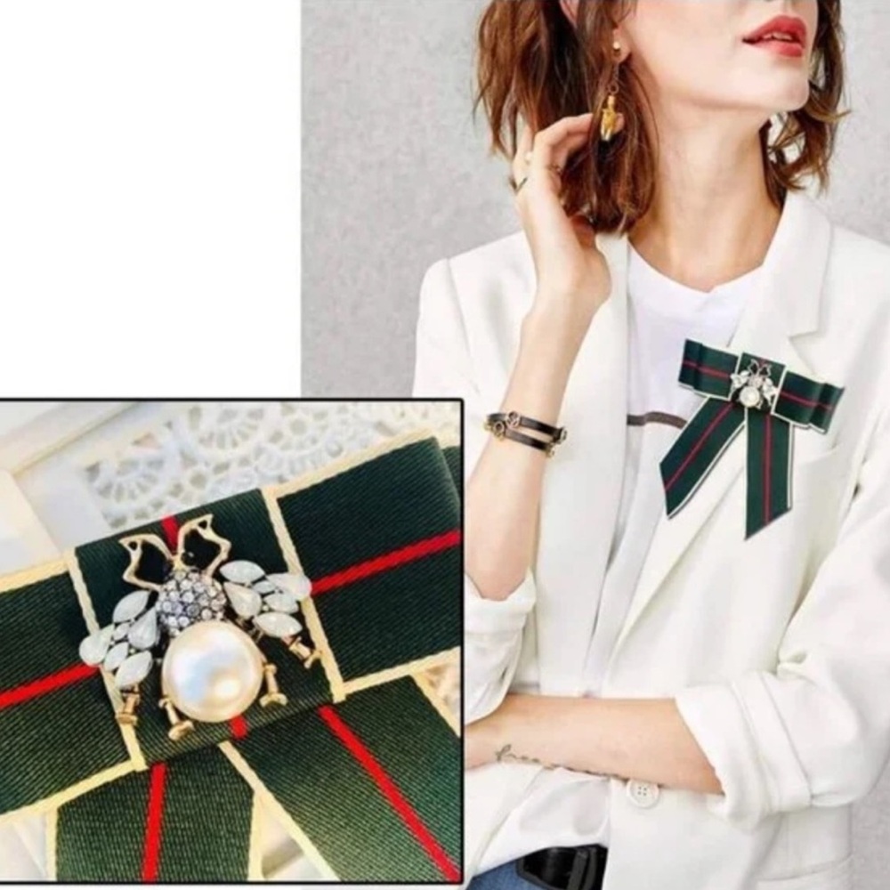 Anthropologie Green and Red Brooch with Pearl and Crystal Accents